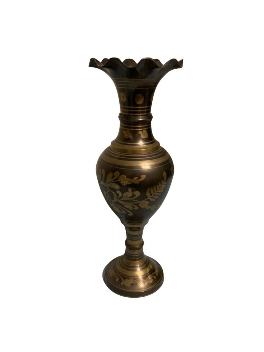 Vintage Brass Vase With Floral Engraving And Scalloped Rim 14"
